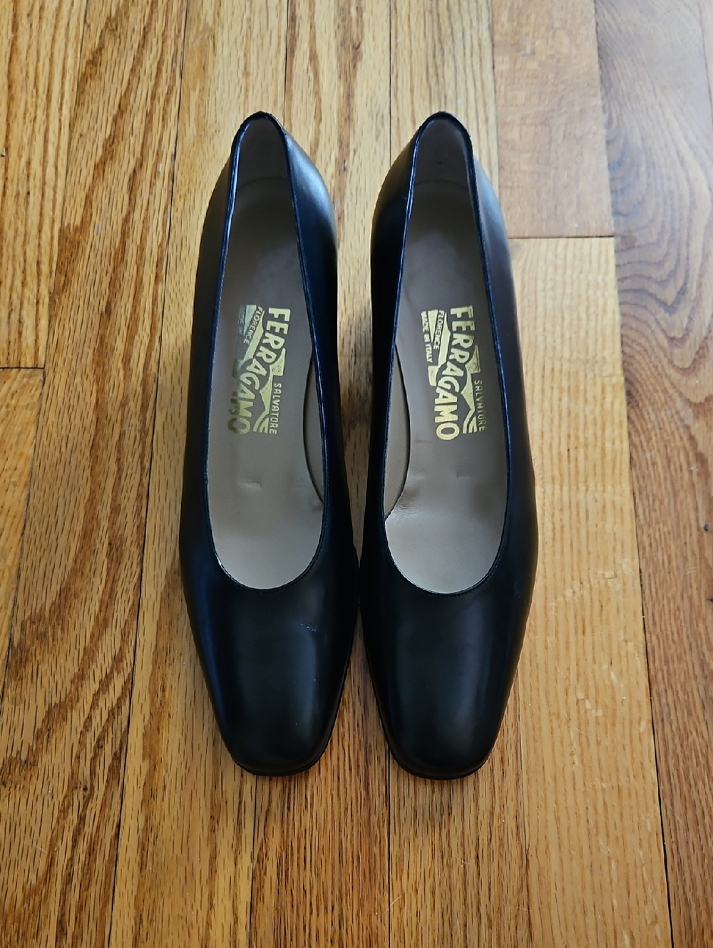 Salvatore Ferragamo Black Leather Square-Toe Pumps